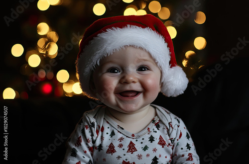 A happy baby in Christmas and a Santa hat, smiling against the background of a blurred Christmas tree with lights