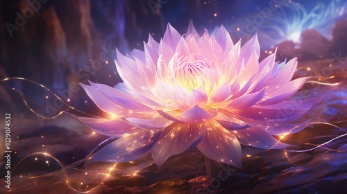 A glowing pink lotus flower with sparkling lights in a mystical forest.