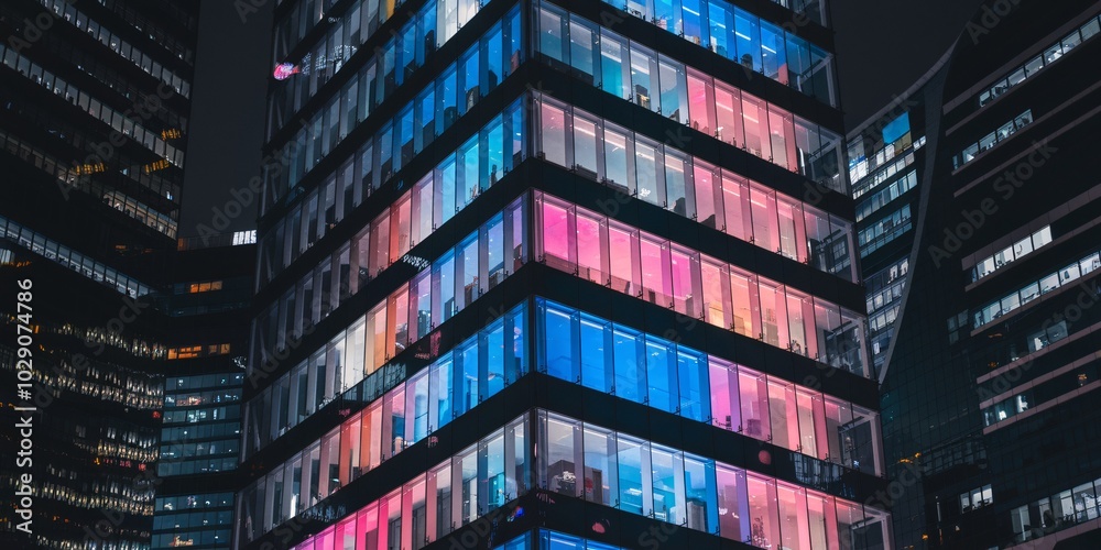 A close-up of a corporate skyscraper’s glowing windows, with pink and purple light spilling into the dark night sky. A close-up of a corporate skyscraper’s glowing windows, with pink and purple light spilling into the dark night sky.