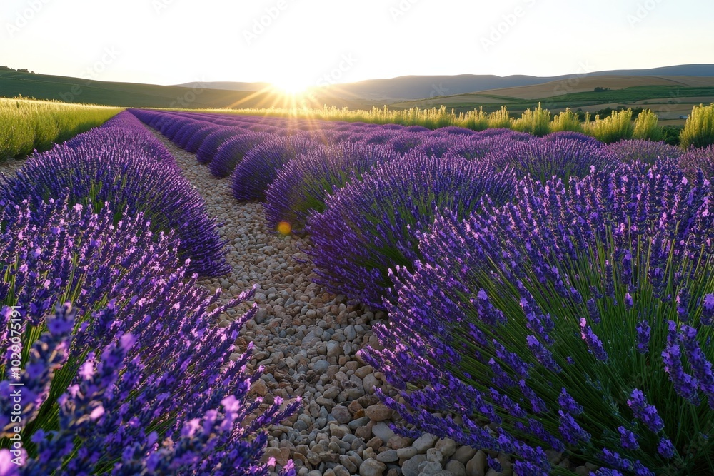 Obraz premium A sweeping panorama of a lavender field in full bloom, with rows of purple stretching out to the horizon, framed by distant hills and a clear sky