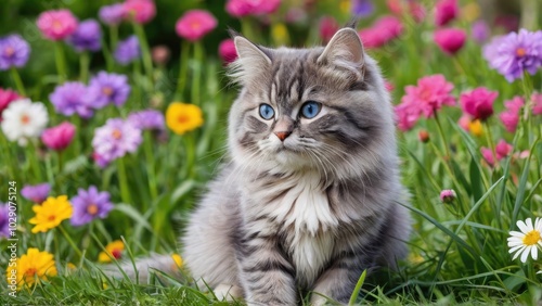 Blue siberian cat in flower field