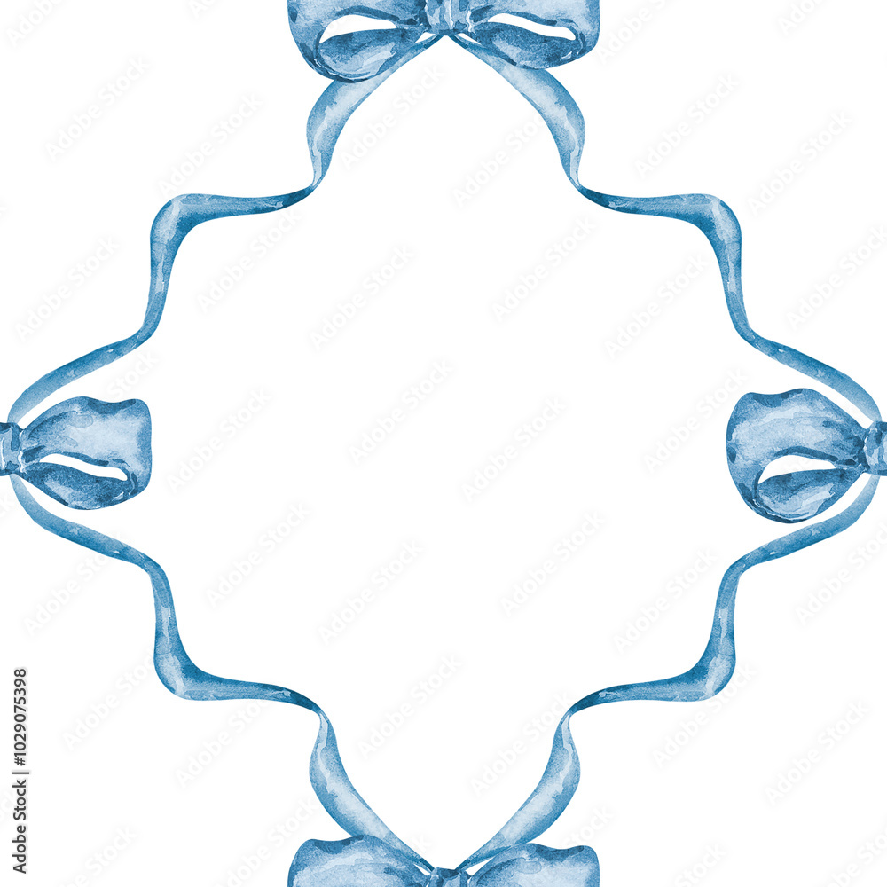 Seamless pattern with watercolor blue bow and ribbon frame Seamless pattern with watercolor blue bow and ribbon frame
