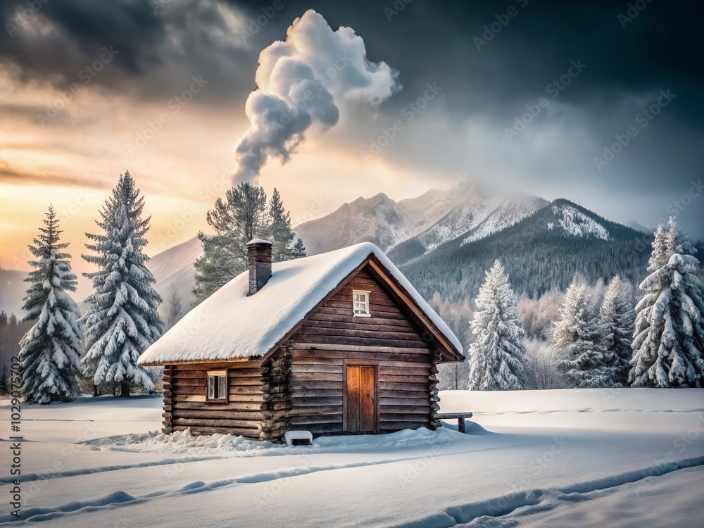 Nestled in a tranquil winter landscape, this serene cabin offers a peaceful retreat, surrounded by snow-covered trees and tranquility, perfect for Nestled in a tranquil winter landscape, this serene cabin offers a peaceful retreat, surrounded by snow-covered trees and tranquility, perfect for
