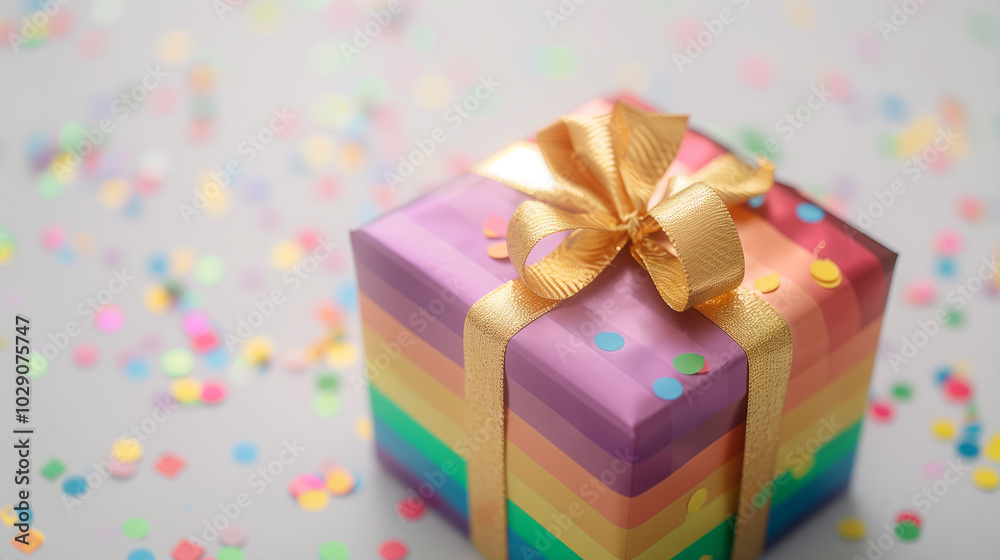 Colorful Rainbow Gift Box with Golden Bow and Confetti
Colorful Rainbow Gift Box with Golden Bow and Confetti