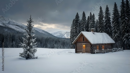 snowy landscape with a lone cabin