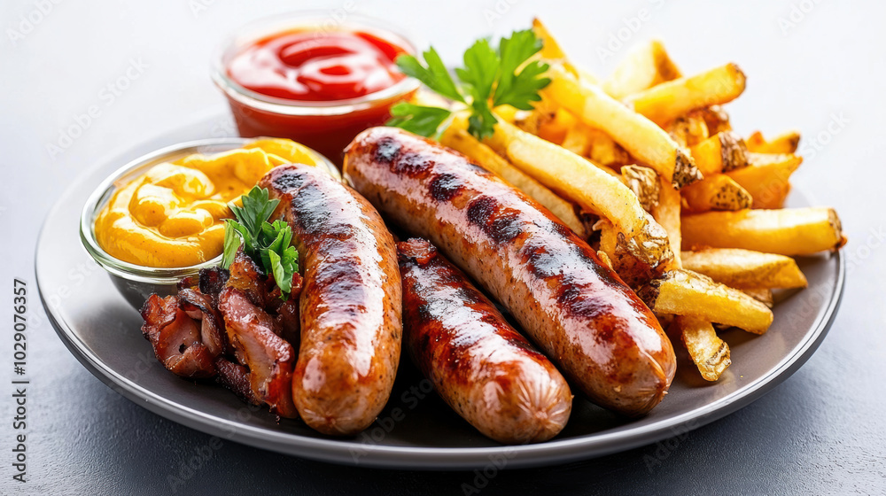 Grilled sausages served with mustard, ketchup, and crispy fries create delicious and hearty meal. combination of flavors and textures is sure to satisfy any appetite Grilled sausages served with mustard, ketchup, and crispy fries create delicious and hearty meal. combination of flavors and textures is sure to satisfy any appetite