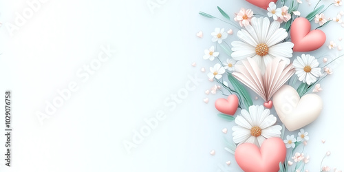 A white background with a bunch of flowers and hearts. The flowers are pink and white and the hearts are also pink. Concept of love and affection