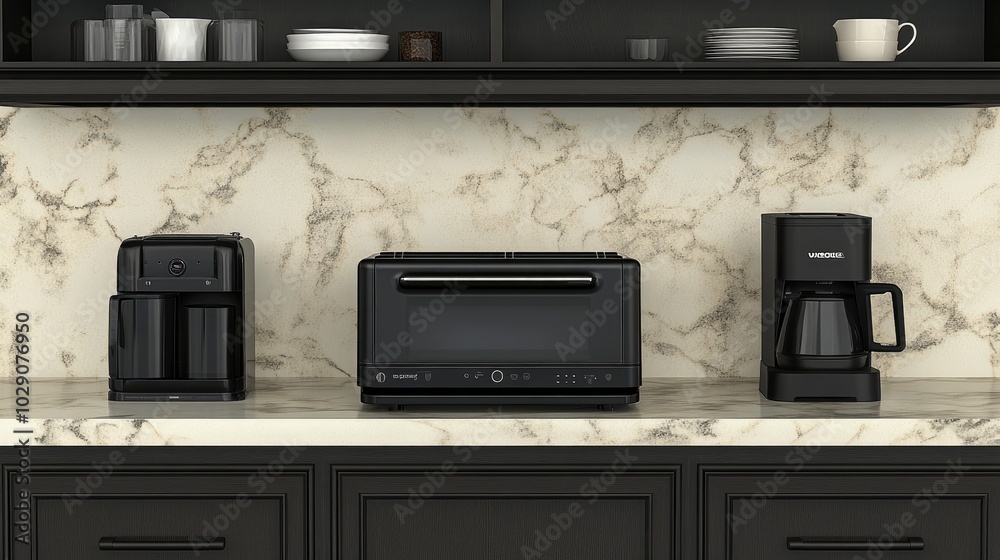 Rendering of a compact kitchen setup with a toaster, blender, and coffee maker arranged neatly on the counter, ideal for a functional yet stylish space. Rendering of a compact kitchen setup with a toaster, blender, and coffee maker arranged neatly on the counter, ideal for a functional yet stylish space.