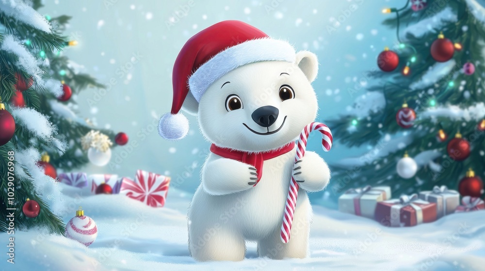 Cute polar bear wearing a Santa hat, holding a candy cane, festive snow scene, 2D cartoon Cute polar bear wearing a Santa hat, holding a candy cane, festive snow scene, 2D cartoon