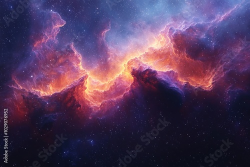 Vibrant cosmic nebula with fiery clouds of gas and glowing stars in deep space, showcasing the beauty of the universe and celestial phenomena Generative AI