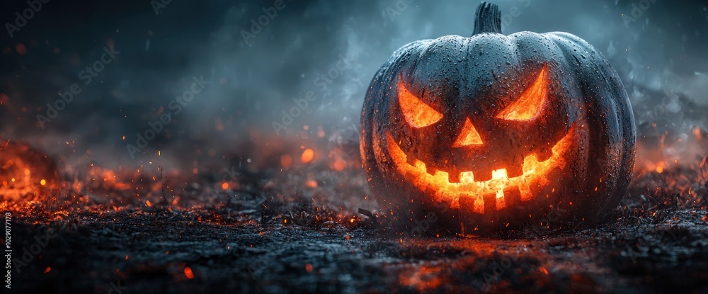 Glowing jack-o-lantern with a sinister grin, surrounded by smoke and embers in a dark, eerie Halloween night scene Generative AI