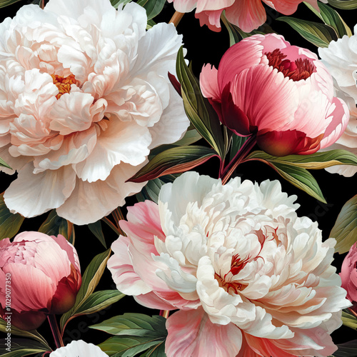 Seamless vector pattern with white and pink peony flowers isolated on a changeable background.