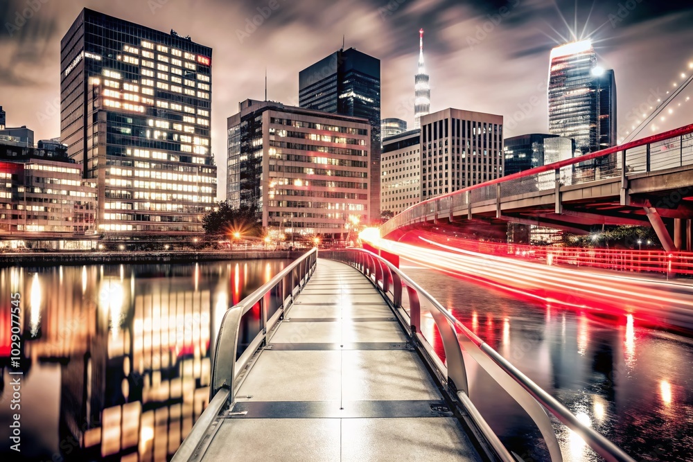 Obraz premium Night Bridge and Modern Cityscape - Double Exposure Photography of Urban Architecture and City Lights