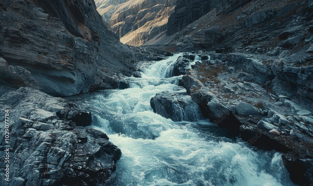 Mountain river cascading down rocky rapids, 4K hyperrealistic photo Mountain river cascading down rocky rapids, 4K hyperrealistic photo
