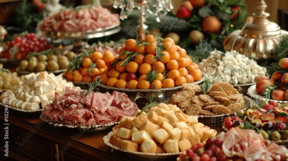 An elaborate and festive spread of various appetizers, meats, cheeses, and fruits artistically arranged on ornate silver platters, capturing a luxurious dining experience An elaborate and festive spread of various appetizers, meats, cheeses, and fruits artistically arranged on ornate silver platters, capturing a luxurious dining experience
