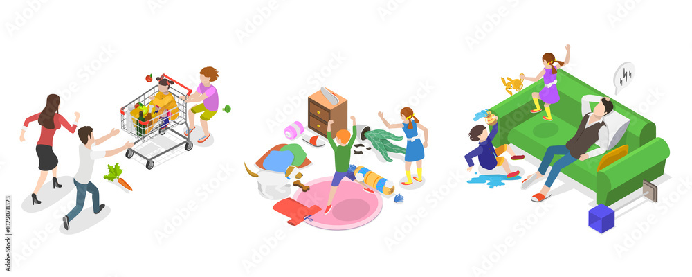 3D Isometric Flat Illustration of Hyperactive Children , ADHD Signs and Symptoms 3D Isometric Flat Illustration of Hyperactive Children , ADHD Signs and Symptoms