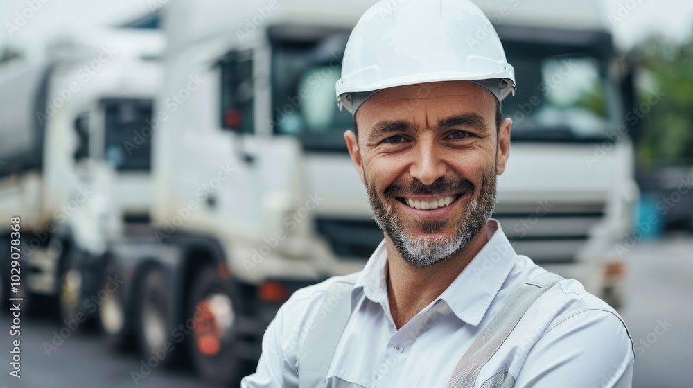 A Construction Worker Smiles Confidently in Front of a Semi-Truck A Construction Worker Smiles Confidently in Front of a Semi-Truck