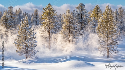 Wallpaper Mural Snow-draped trees in a winter forest, with mist swirling between the trunks, creating a mystical and serene atmosphere. Torontodigital.ca