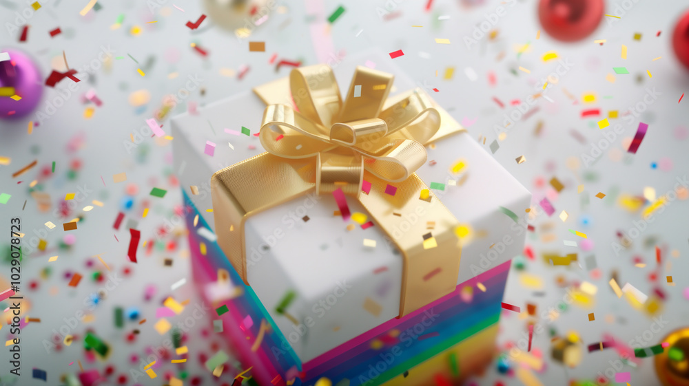 Colorful Rainbow Gift Box with Golden Bow and Confetti
Colorful Rainbow Gift Box with Golden Bow and Confetti