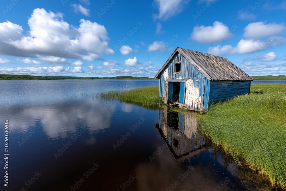 Obraz premium An old wooden shack by the lake, its roof sagging and walls covered with peeling paint, yet standing resiliently against the elements, surrounded by tall grass and still waters