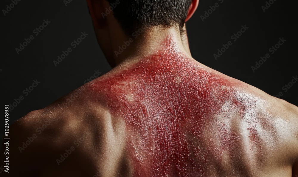 Naklejka premium Man's back with red, raw skin.