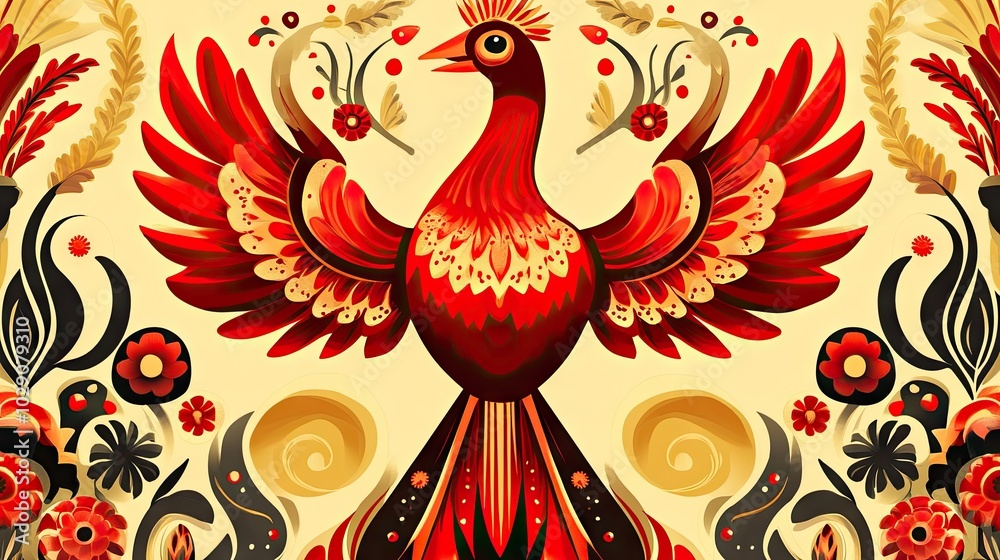 Fototapeta premium Symmetrical folk art pattern in bold colors, featuring birds and flowers in a traditional decorative style.