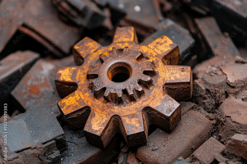 Close-up of a corroded metal cog in an abandoned factory, its teeth worn and covered in rust, showcasing the breakdown of mechanical elements over the years Close-up of a corroded metal cog in an abandoned factory, its teeth worn and covered in rust, showcasing the breakdown of mechanical elements over the years