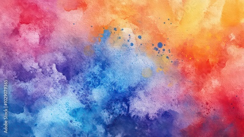 Abstract watercolor background with vibrant colors of blue, red, orange and yellow.