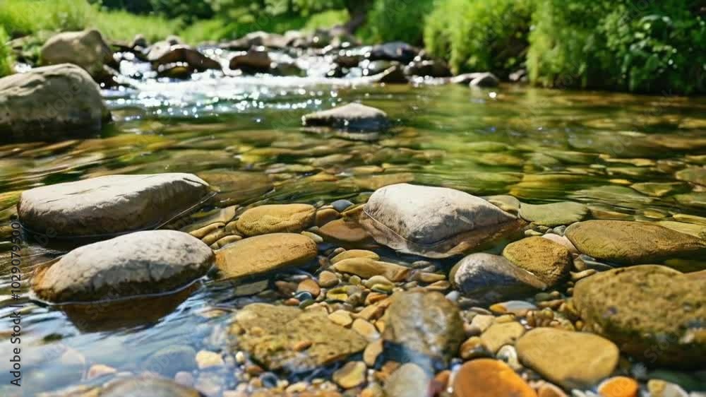 A serene stream with clear water and smooth stones, surrounded by lush greenery. A serene stream with clear water and smooth stones, surrounded by lush greenery.