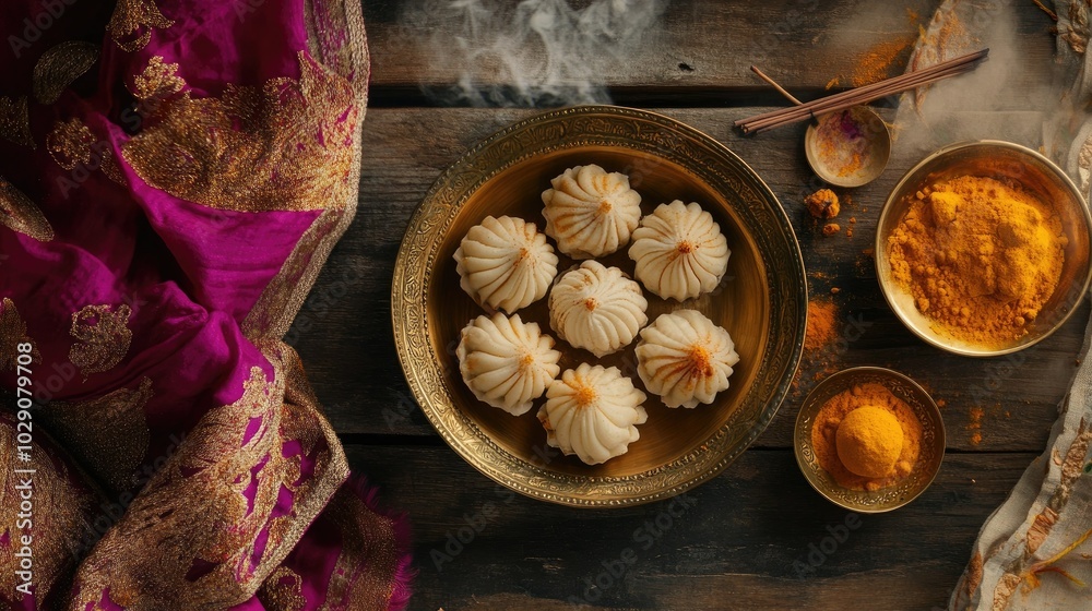 Top view of modak and laddu sweets in a rustic brass bowl, with aromatic incense in the background to evoke the festive mood Top view of modak and laddu sweets in a rustic brass bowl, with aromatic incense in the background to evoke the festive mood
