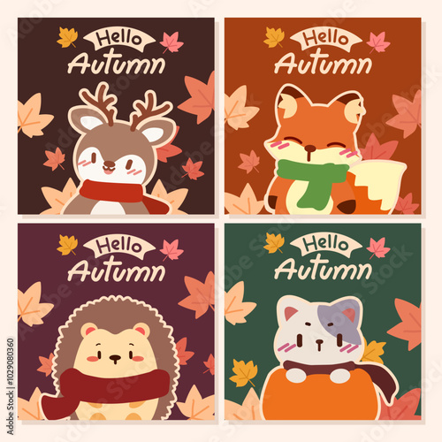 Hello Autumn With Cute Animal Friends with Fall Leaves. Autumn Vibes with Deer, Fox, Hedgehog and Cat.