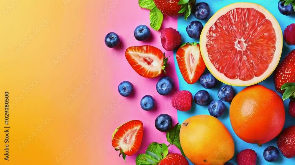 A vibrant arrangement of various fruits on colorful backgrounds. A vibrant arrangement of various fruits on colorful backgrounds.