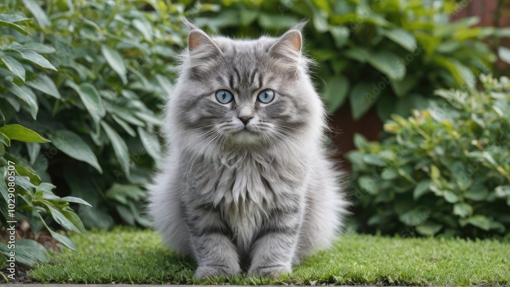 Blue siberian cat in the garden Blue siberian cat in the garden