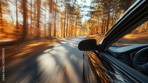 Wallpaper Mural A car navigates a winding road surrounded by tall trees adorned with colorful autumn leaves. Sunlight filters through branches, creating a warm, inviting atmosphere in the early afternoon. Torontodigital.ca