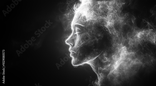 A surreal beautiful woman made of smoke, in side profile, on a white background 