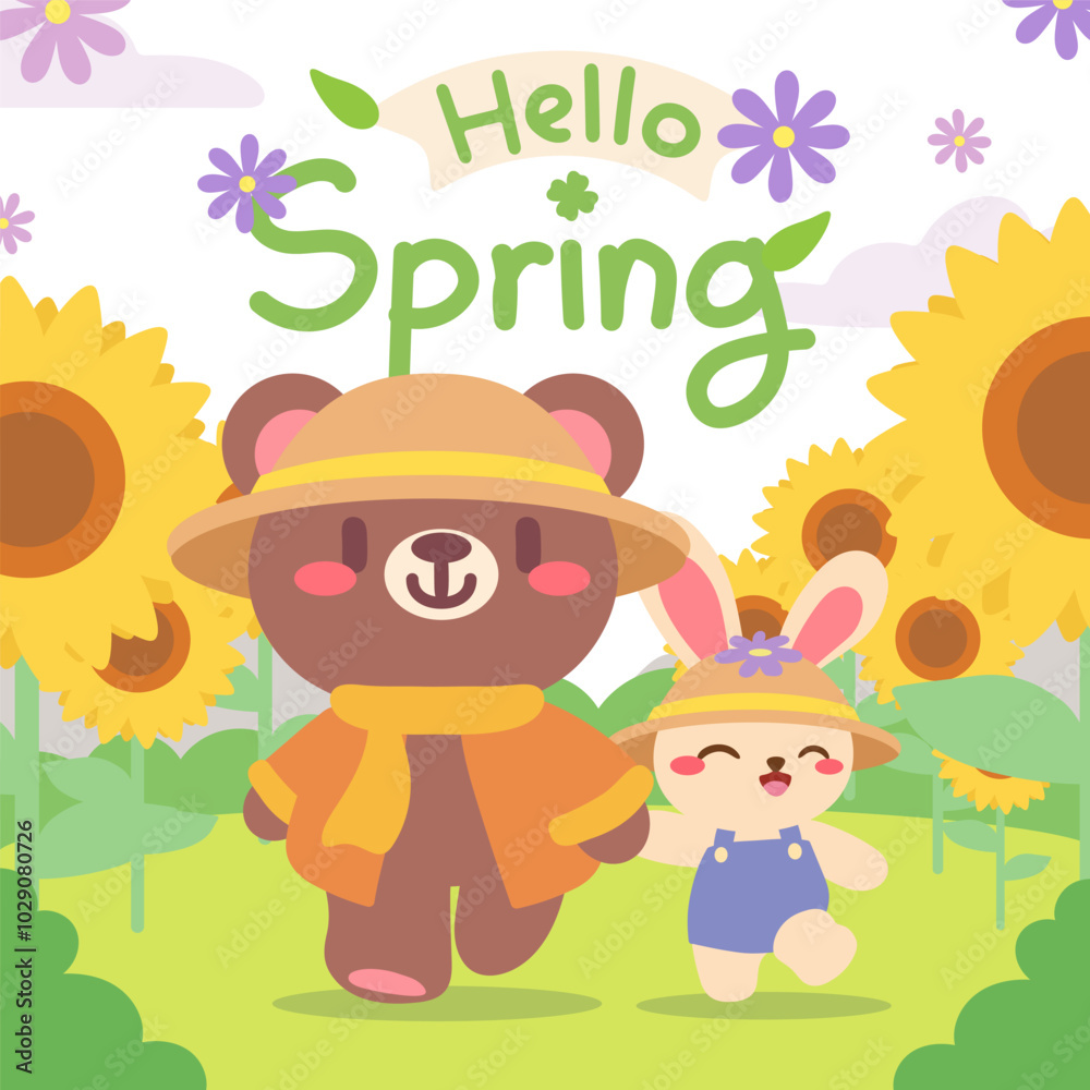 Springtime Stroll with Cute Bear and Bunny in a Sunflower Field. Adorable Bear and Bunny Walking Among Sunflowers. Springtime Stroll with Cute Bear and Bunny in a Sunflower Field. Adorable Bear and Bunny Walking Among Sunflowers.
