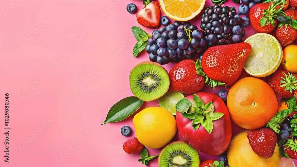 A vibrant assortment of fresh fruits arranged artistically on a pink background. A vibrant assortment of fresh fruits arranged artistically on a pink background.