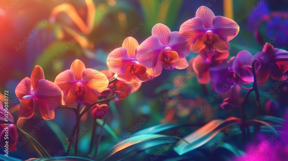 Vibrant orchids blooming in a lush garden, enriched by colorful filters, creating a serene and visually striking scene that celebrates nature. Vibrant orchids blooming in a lush garden, enriched by colorful filters, creating a serene and visually striking scene that celebrates nature.