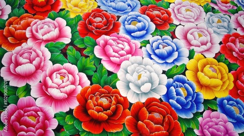 Traditional folk art pattern with symmetrical floral designs and vibrant colors, reminiscent of hand-painted crafts.
