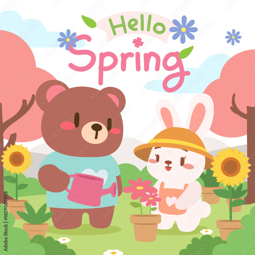 Spring Garden Fun With Bear and Bunny Planting Flowers. Adorable Bear and Bunny Gardening in Springtime. Spring Garden Fun With Bear and Bunny Planting Flowers. Adorable Bear and Bunny Gardening in Springtime.