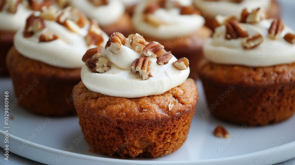 Vibrant vegan carrot muffins topped with nuts and luscious cream on a white plate, evoking a sense of comfort and deliciousness. Vibrant vegan carrot muffins topped with nuts and luscious cream on a white plate, evoking a sense of comfort and deliciousness.