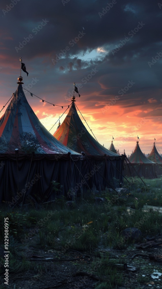 Derelict circus tents in twilight, 4K hyperrealistic photo Derelict circus tents in twilight, 4K hyperrealistic photo
