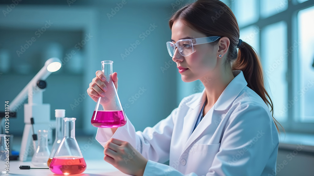 A young female scientist in a white lab coat and protective glasses working with pink solutions in glass flasks in a chemical or research laboratory environment A young female scientist in a white lab coat and protective glasses working with pink solutions in glass flasks in a chemical or research laboratory environment