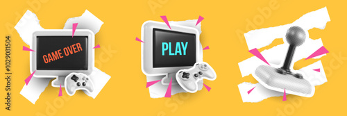 Set modern art collage composition with video game equipment and decorative elements. Creative bright trendy concept illustration. Stylish vector background for cover banner, poster, card.