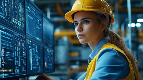 Young woman specialist Technologist typing on a computer screen with graphs and charts, monitoring the operation of the system