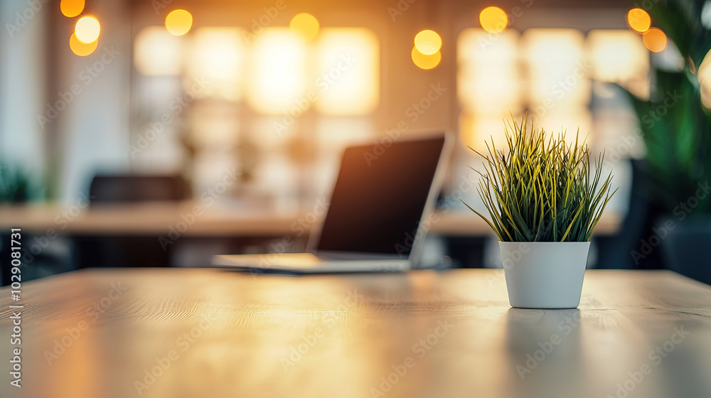 A modern office scene featuring a laptop and a potted plant, with warm sunlight streaming through, creating a cozy and productive atmosphere. A modern office scene featuring a laptop and a potted plant, with warm sunlight streaming through, creating a cozy and productive atmosphere.