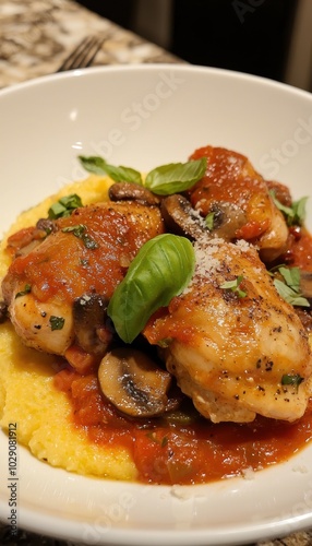 Delicious Chicken Cacciatore Dish with Polenta Garnished with Fresh Basil