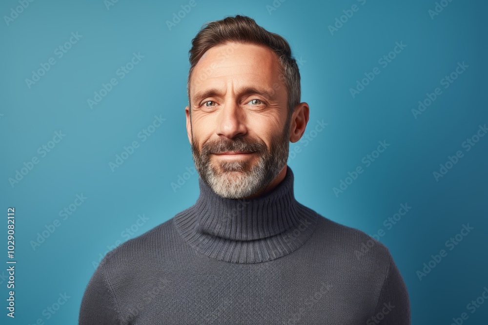 Fototapeta premium Portrait of a satisfied man in his 40s wearing a classic turtleneck sweater isolated in pastel blue background
