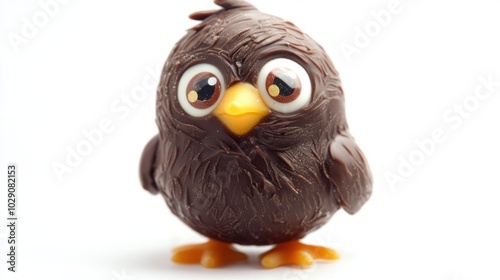 Chocolate Easter chick with bright candy eyes, isolated on white background, adorable and festive