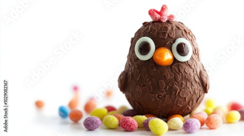 Chocolate Easter chick with bright candy eyes, isolated on white background, adorable and festive